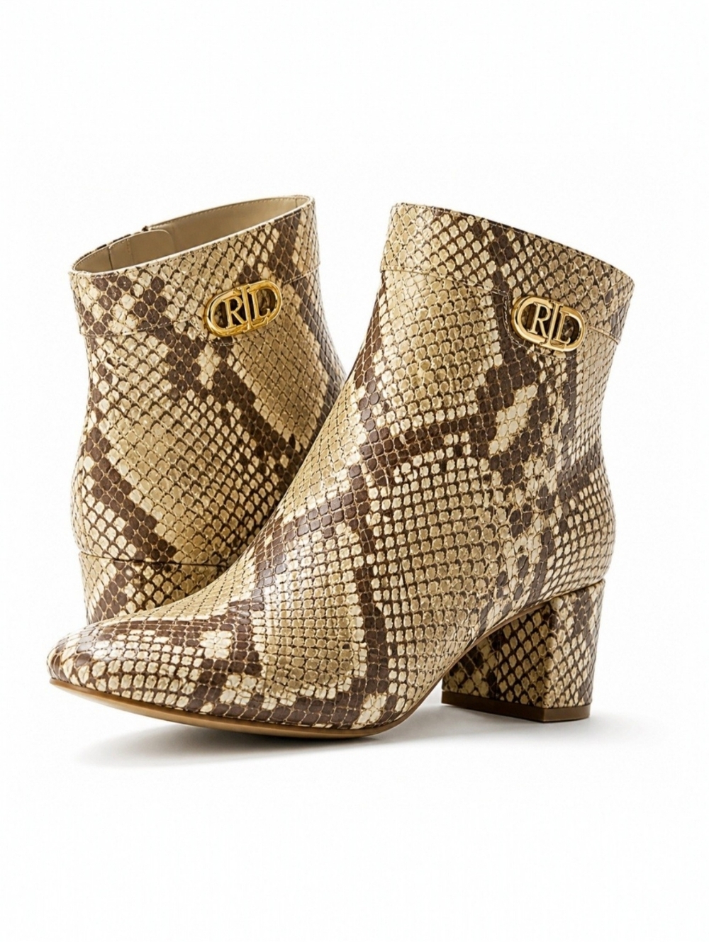 Ralph Lauren Wynne II Snake Print Ankle Boots 10B Leather Block Heel NIB
